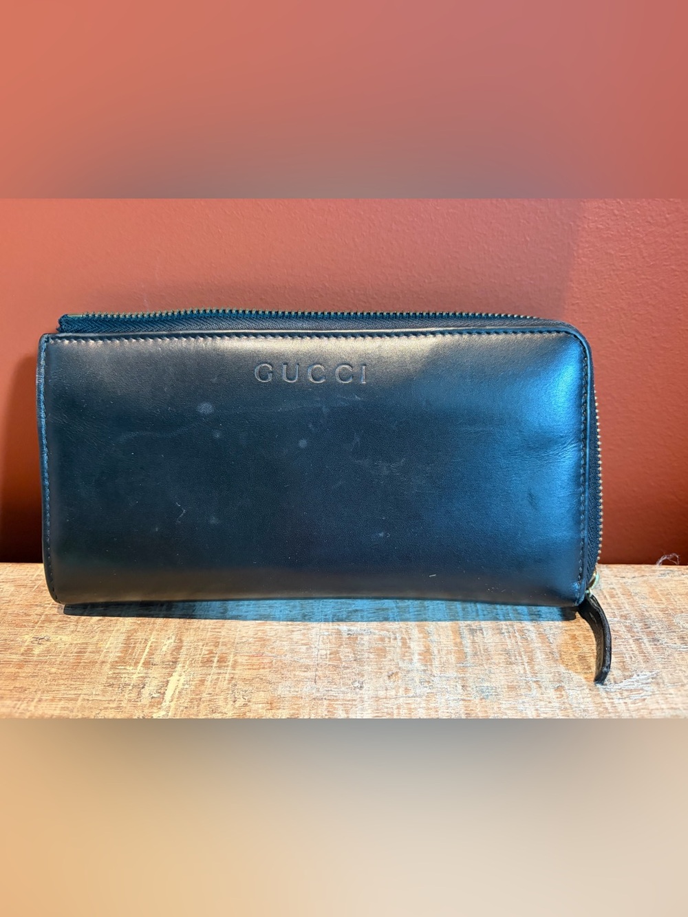 Gucci Black Leather Long Zip Wallet with Embossed Logo